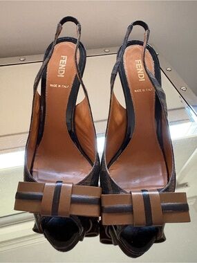 Fendi Black and Brown Open-Toe Slingback Heels with Bow
